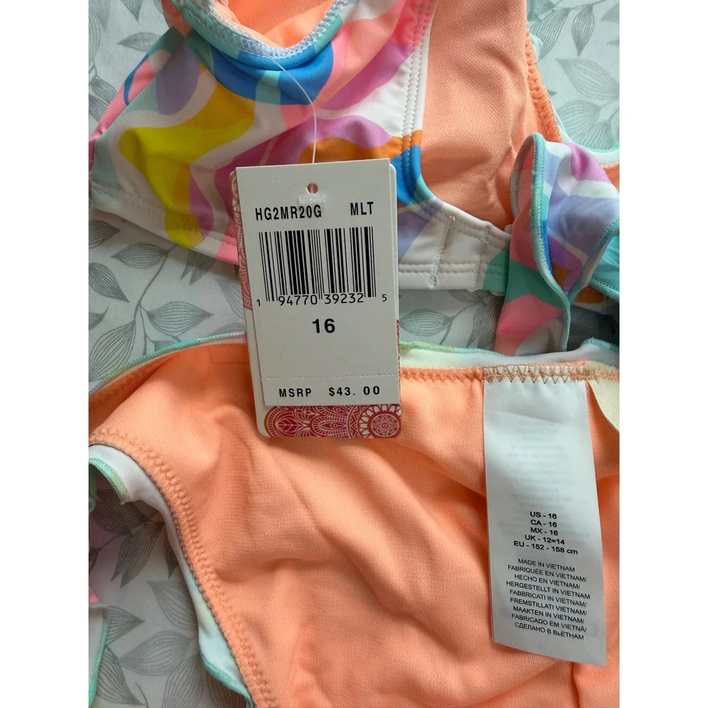 Hobie Girls Multicolor Pastel Swirl Bikini 2 Piece Swimsuit Set Ruffle Size 16